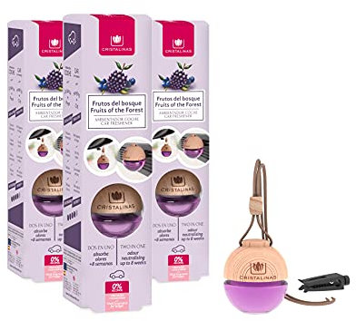Cristalinas Car Air Fresheners Fruits of the Forest Scent, Pack Of 3 - Odour Neutralising 2 in 1 Air Fresheners for Cars, Essential Oils Car Air Freshener Scent for Men & Women lasts upto 8 weeks