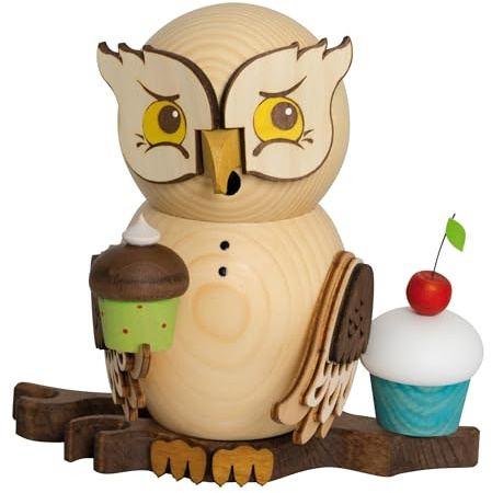 Kuhnert Drechslerei Rauchfigur/Räucherfigur - Eule mit Muffins aus Massivholz - ca. 15 cm - Made in Germany