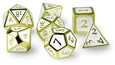 Pen & Paper Polyeder Würfel 7-teilig aus Metall (Gold/Weiß Steampunk)
