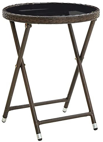 Poly Rattan Beistelltisch mit Hartglas Desktop Zusammenklappbar Balkontisch Garten-Esstisch Runder Tisch Terrassentisch Couchtisch Kaffeetisch Gartenmöbel Pulverbeschichteter Stahlrahmen 60 x 75 cm