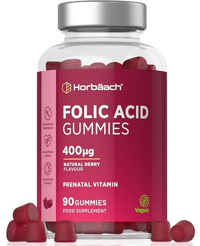 Folic Acid Gummies for Women 400 mcg | 90 Count (3 Months Supply) | Natural Berry Flavour | High Strength Prenatal Vitamin | Suitable for Vegans & Vegetarians | by Horbaach