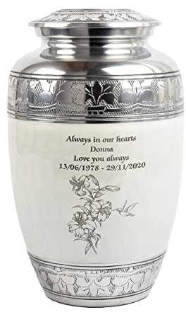 Cremation Urn for Human Ashes – Adult Large Decorative Aluminum Funeral Memorial Keepsake – Securely Holds approx. 90kg or 14 Stone Body (White-Humming Bird, Adult Size)