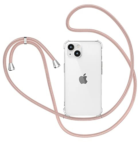 für iPhone 14 Hülle mit Band, Transparent Silikon Handyhülle für iPhone 14 mit Kette Stossfest Schutzhülle - Schnur mit Case zum Umhängen in Roségold