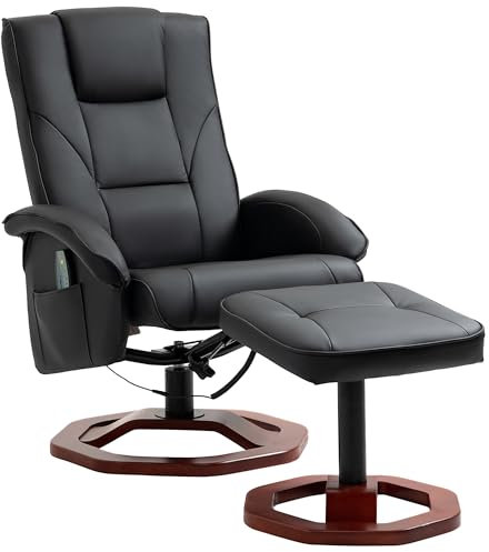 HOMCOM Relaxsessel Massagesessel mit Hocker Fernsehsessel mit Liegefunktion 360° drehbar mit Seitentasche Kunstleder 73 x 83 x 106cm Schwarz