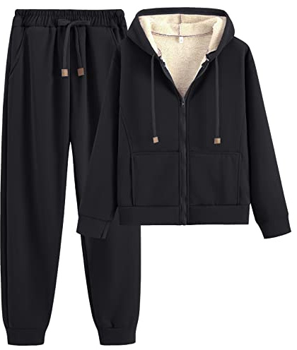 amropi Women's Hooded Tracksuit Set Warm Fleece Hoodie Jacket and Pants Winter Sweatsuit Black, M