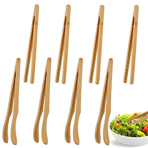 8 Stück Bambus Zange,Küchenzange 18cm,Klein Grillzange,Küche Zange für Toast, Tee, Barbecue, Picknick, Küchenzangen mit Antirutschrille,Toaster Tongs,Kitchen Tongs