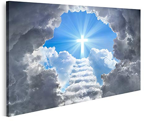 islandburner Bild auf Leinwand Treppe die zu Kreuz Licht Ende Tunnel Wolken Wandbild Leinwandbild Bilder für Wohnzimmer GDJC-1K