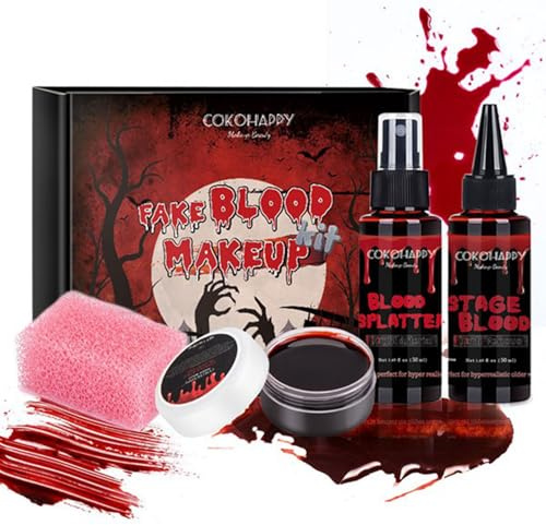 4 PCS Halloween Fake Blood SFX Makeup Kit - Coagulated Blood, Blood Spray, Dripping Stage Blood, Stipple Sponge, Realistic Special Effect Makeup Kit for Zombie Vampire Monster Halloween Costume.