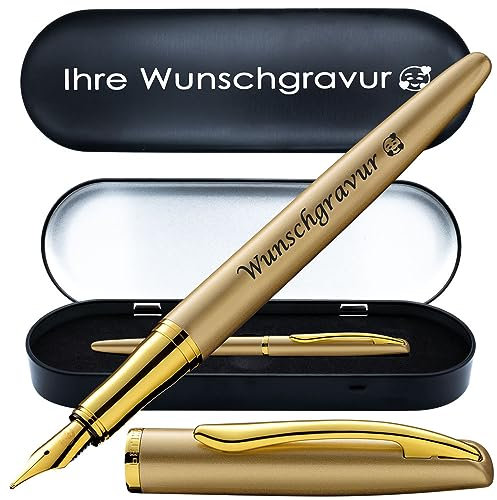 Pelikan Füllhalter Jazz® Noble Elegance mit Gravur als Geschenk | inkl. Etui schwarz mit Wunschgravur (Platz für 10 Stifte) | Emojis Gravur möglich | Farbe Gold | Füller personalisiert