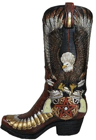Ebros Gift Rustic Country Western Wild West Bald Eagle with Open Wings Clutching Crossed Revolver Guns and Pentagram Star Faux Tooled Leather Cowboy Boot Decorative Flower Vase Or Planter Figurine