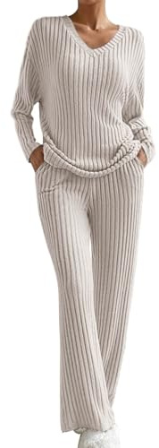 Yowablo Outfit Damen Set Damen 2023 Mode Lässige Hose mit geradem Bein Lose Strickset mit V-Ausschnitt Festliche Zweiteiler Damen (Beige, L)