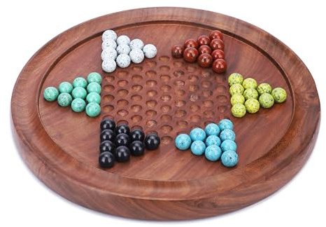 Ajuny Juego de 12 Pulgadas Dama China de Madera con 60 canicas de Cristal Brillantes en 6 Juegos de Estrategia niños y Adultos, enriquece tu Noche de Juegos Familiares