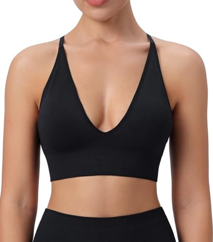 Womens Deep V-Neck Longline Sports Bra, Strappy Criss Cross Padded Cups Adjustable Spaghetti Straps Workout Yoga Crop Top Black