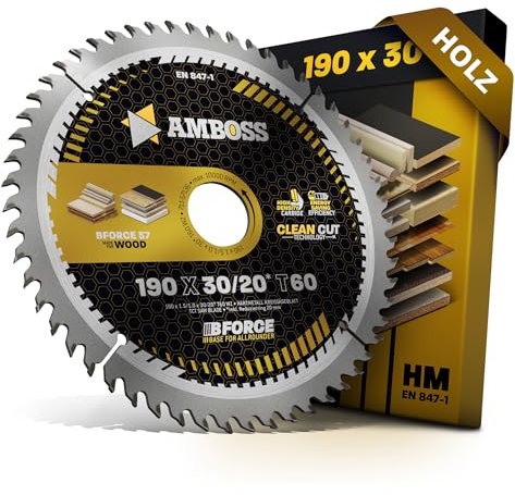 Hoja de sierra circular HM 190 x 30 20 Z60 dientes alternos para batería de madera – corte muy fino. AMBOSS WERKZEUGE® Hoja de sierra 190 mm + anillo reductor 20 30 mm. 190 x 30 190 x 20 compatible