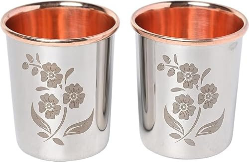 ANCIENTIMPEX Lot de 2 gobelets extérieurs en acier inoxydable et intérieur en cuivre pur style floral pour bienfaits ayurvédiques pour la santé – Capacité de 250 ml, ANC-CT-76