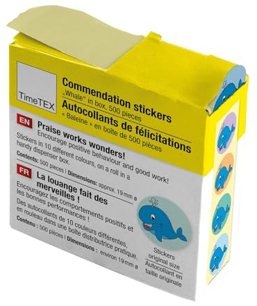 TimeTEX - Belobigungs-Aufkleber Wal | Lehrersticker für motivierendes Feedback | 500 Sticker in praktischer Spender-Box | 1 Motiv mit verschiedenfarbigen Hintergründen | 19 mm ø