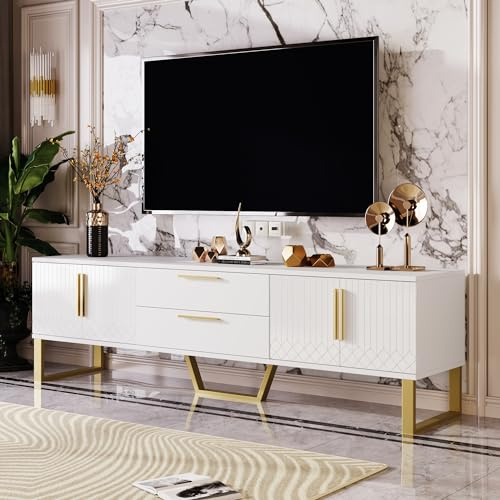 ZUUYEE Lowboard mit Goldene Griffe und Füße, TV-Schrank mit Geschnitzte texturierte Schranktüren, TV-Sideboard, Fernsehtisch, Wohnzimmer Möbel, Weiß