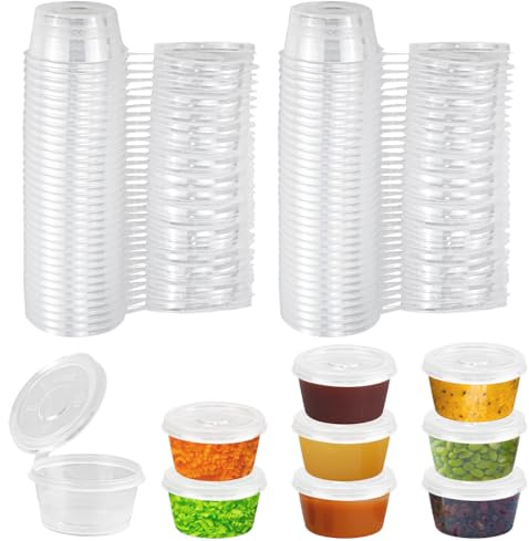 SLTAXAR 100 Stück Aufbewahrungsdosen mit Deckel Klein 2OZ Frischhaltedosen Auslaufsichere Saucenbecher 50ml Kunststoffbehälter Dressingbecher Mikrowellenfest Kleine Dosen für Soßen, Dips, Gewürze