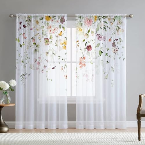 Fereyis Vorhänge mit Blumenmuster für Wohnzimmer, transparent, 2 Bahnen, 244 cm lang, Elegante Chiffon-Vorhänge mit rosa Rose, im Frühlingsdesign, für Schlafzimmer-Fensterdekoration
