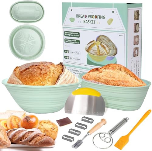 Silicone Banneton Bread Proofing Baskets, 9 Inch Round & 10 Inch Oval Foldable Sourdough Starter Kit, Complete Set for Bread Making With Essential Tools,Easy to Clean and Use