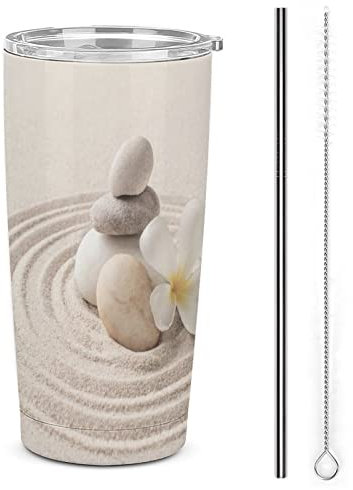 Zen Stones Sand - Bicchiere in acciaio inox da 590 ml, tazza termica con coperchio e cannuccia e spazzole per cannuccia, tazza da caffè da viaggio a doppia parete