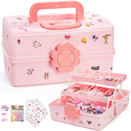 ZOOFOX Hair Accessories Organizer for Girls, Cute Cartoon Pink 3-Tier Storage Box with Handle and Lock, Multi-Purpose Case for Hair Bows, Clips, Scrunchies, Jewelry and Crafts