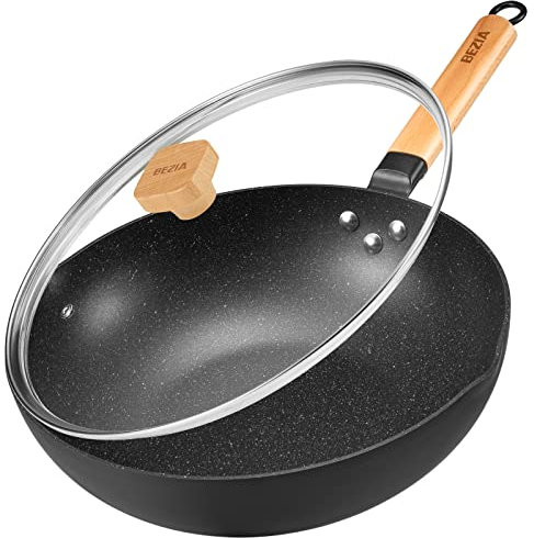 BEZIA Wok a induzione con coperchio, padella wok antiaderente, 30 cm, padella con manico in legno, facile da pulire e cuocere in forno, per tutti i piani cottura, granito
