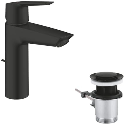 GROHE Start, Waschtischarmatur, wassersparend (Wasserhahn für das Bad, Badarmatur mit Zugstangen-Ablauf, 19cm hoch, mit 3in1 Werkzeug, einfache Installation am Waschbecken), schwarz, 234552432