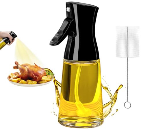 Leaflai Pulverizador de aceite de cocina de vidrio - 180ml Vidrio grueso Nueva botella de spray de aceite, Nebulizador de freidora de aire caliente con cepillo (Moderno)