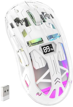 ZIYOU LANG x FREEWOLF Wireless Gaming Mouse, PixArt PAW3212 Dual Mode 2.4G/Bluetooth Transparent RGB Backlit Mouse, Rechargeable 400mAh Battery, 4000 DPI 5 Level, Visible Battery Level-White