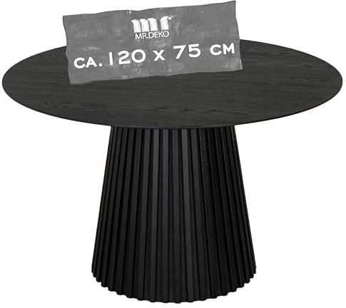 MR. DEKO Esstisch Andria Schwarze Eiche furniert rund ca. 120x75 cm | Diningtable in Lamellenoptik | Dunkles Holz | runder Tisch für 4 Personen | Küchentisch | Esszimmertisch