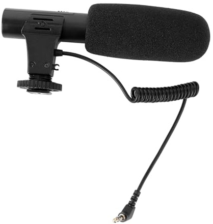 Professionelles Dslr Kamera Mikrofon Schwarz aus Kunststoff mit Cardioid | Monokanal, 10 Sensitivitätssteigerung und 200 Hz Tiefenabsenkung, Geeignet für Aufnahme und Interview