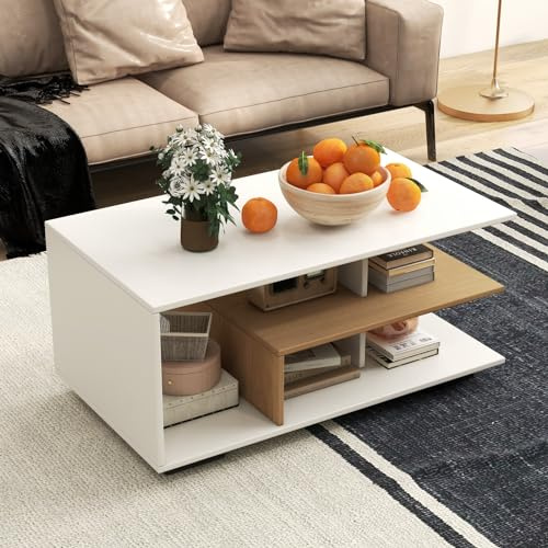 GOPLUS Mesa de Centro Rectangular, Mesa de Salón de Madera con Almacenamiento de 3 Niveles, Carga 85 kg, Mesa de Café Moderna para Salón, Sala de Recepción, 90 x 50 x 42 cm (Blanco+Natural)