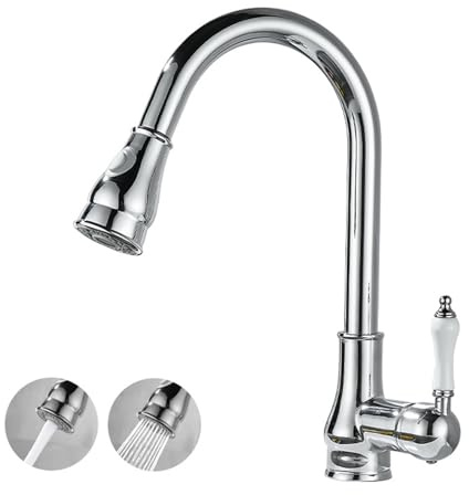 YWJFSA Vintage Rubinetto Lavello Cucina con Doccetta Estraibile, Ottone Girevole A 360°,Placcatura