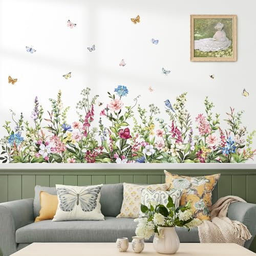 wondever Wandtattoo Bordüre Gras Wildblume Wandsticker Garten Blumenwiese | Abziehen und Aufkleben, Abziehbar, Wandaufkleber Selbstklebend für Schlafzimmer Wohnzimmer Flur Sofa Hintergrund Wanddeko