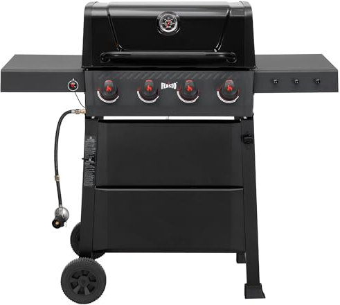 Feasto Grill a gas propano a 4 fuochi con 2 tavolini laterali e griglie smaltate in porcellana per patio giardino barbecue, 36000 BTU Outdoor Grill per cucinare all'aperto, nero