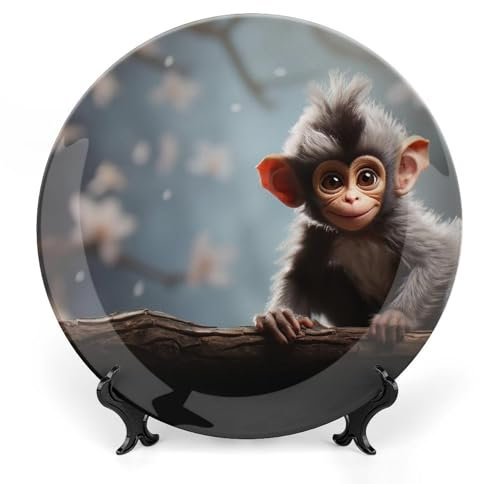 Grandes assiettes décoratives en porcelaine anglaise de singe mignon de 25,4 cm pour présentation - Assiette désert en céramique avec présentoir - Assiette en porcelaine personnalisée pour cuisine