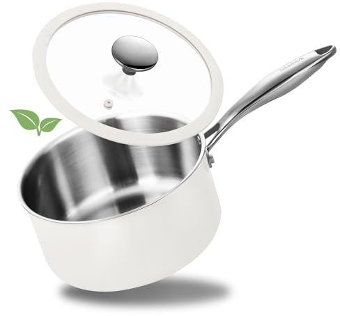 SAKAMOSH 2.5 Quart Tri-ply Stainless Steel Saucepan with Glass Lid, Induction Sauce Pan Compatible with All Cooktops, Non-Toxic Sauce Pot with Stay Cool Handle, Oven & Dishwasher Safe