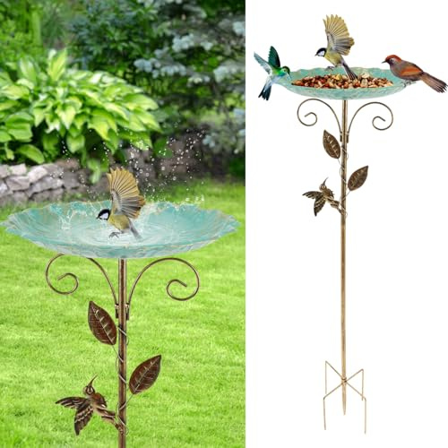 Vogeltränke Stehend 77 x 25,5cm Vogelbad Garten Metall mit Erdspieß Vogelmuster Musterdesign Vogeltränke Winterfest Wassertränke für Vögel für Garten Terrasse Innenhof Rasen (Vögelchen+Blatt)
