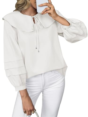 Cicy Bell Womens Peter Pan Collar Shirts Long Puff Sleeve Cotton Blouses Trendy Casual Loose Fit Tops White