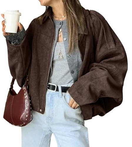 LLECDASEUI Damen Faux Wildleder Bomberjacke Reißverschluss Pilot Mantel lässig Revers überdimensioniert lange Ärmel Y2K Oberbekleidung Mäntel (M,Kaffee)