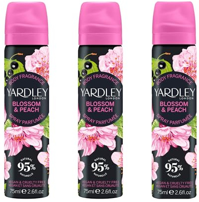 Yardley London Blossom and Peach Brume Corporelle – Brume Florale pour Femme avec des Notes d’Agrumes et de Cassis, Brume Blossom pour Femme 3 x 75ml