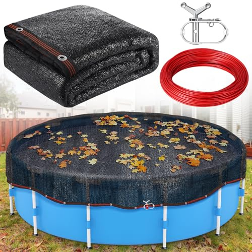 Pool-Laubnetzabdeckung, 4,57 m, rundes Laubnetz für oberirdische Schwimmbäder zum Auffangen von Blättern im Winter, Sicherheits-Netzbespannung mit Seilwinde und Kabel, schwarze Gartenabdeckung mit