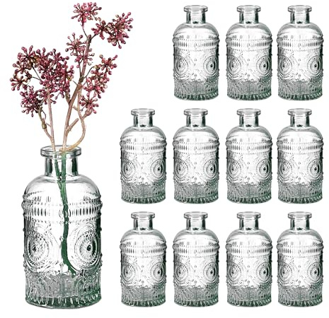 Relaxdays Vaso in Vetro Decorativo, Set 12 Vasetti per Fiori da Interno, HxD: 13x6 cm, Deco Centrotavola, Trasparente