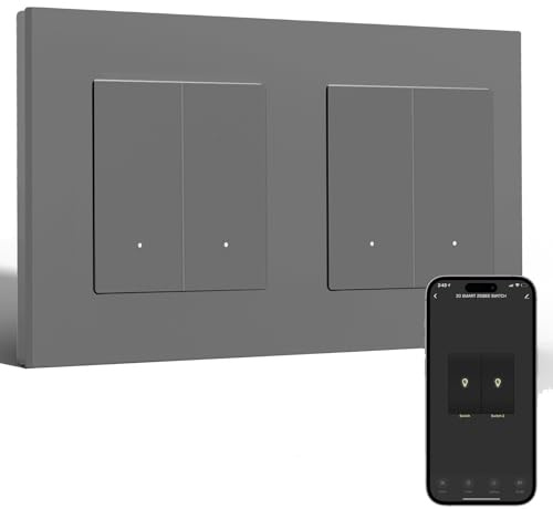 BSEED Smart Double Interrupteur Mural Encastré 2 Gang 1 Voie avec Cadre PC avec l'Application Smart Life/Tuya, WiFi Interrupteur Poussoir Compatible Alexa/Google Home, Gris