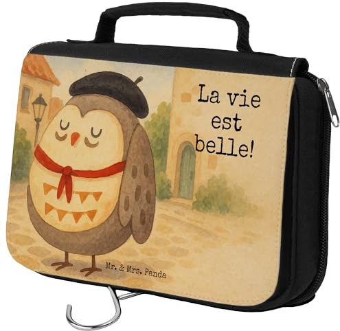 Mr. & Mrs. Panda Kulturtasche Eule Frankreich Design - Geschenk, Kulturbeutel, Das Leben Ist schön, Make-Up Tasche, Kosmetikbeutel, Schminktasche, Necessaire, badtasche, Owl