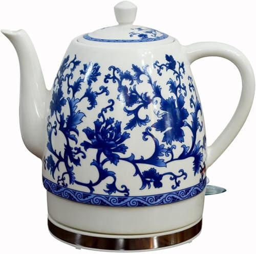 Théière en Porcelaine Bleue Et Blanche 1,5 L - Pichet Électrique sans Fil en Céramique pour Le Thé, Le Café, La Soupe, Les Flocons D'avoine - Appareil De Cuisine,01