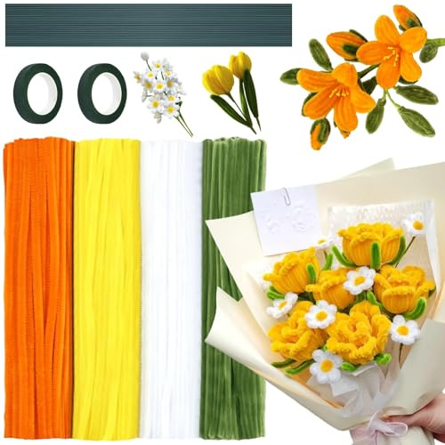 400 Stück Pfeifenreiniger Set (4 Farben), Sonnenblumen Blumenstrauß, Daisy Blumenstrauß Pfeifenreiniger, Pfeifenreiniger Blumen Set mit 2 Band und 20 Blumenstäbe für DIY Blumenstrauß Handwerksprojekte
