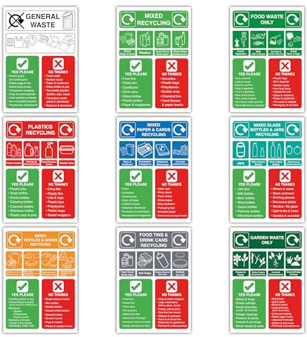 Pack of 9 (148x210mm) Recycling Stickers Labels – Mixed Recycling, General, Food & Garden Waste, Plastics, Paper & Card, Glass, Textiles & Shoes, Tins & Cans – Self Adhesive Signs for Bins