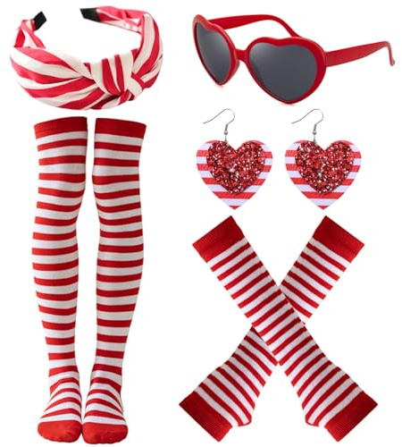 FiveMileBro Karneval Kostüm Zubehör Set Köln: Haarreif Karneval Rot Weiss, Gestreifte Handschuhe, Kniestrümpfe Gestreift, Herz Brille & Ohrringe für Damen Faschings Mottoparty